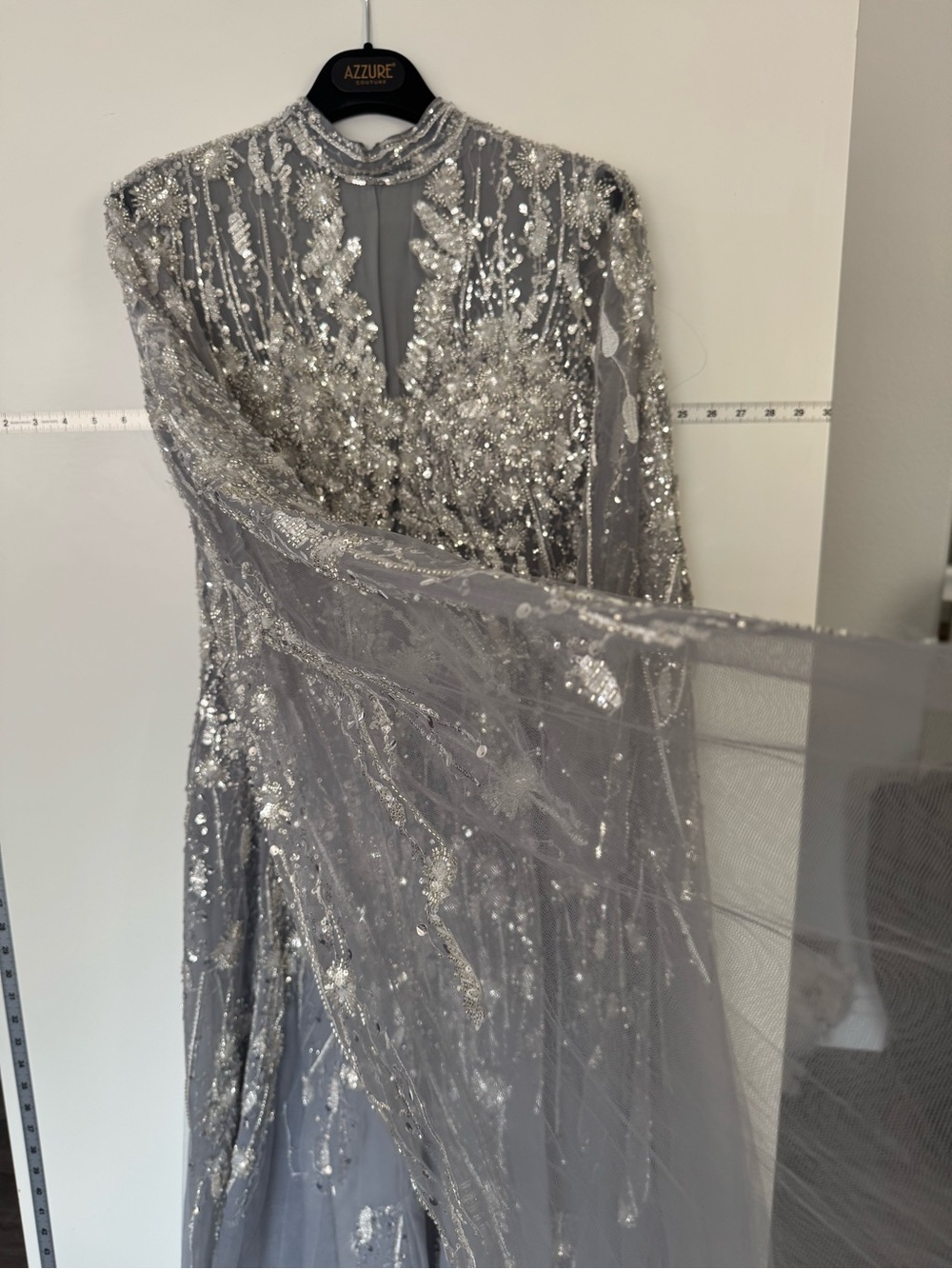 Azzure Couture Silver Embellished Gown- Size 8-Beaded Tulle Evening Dress - Picture 3 of 13